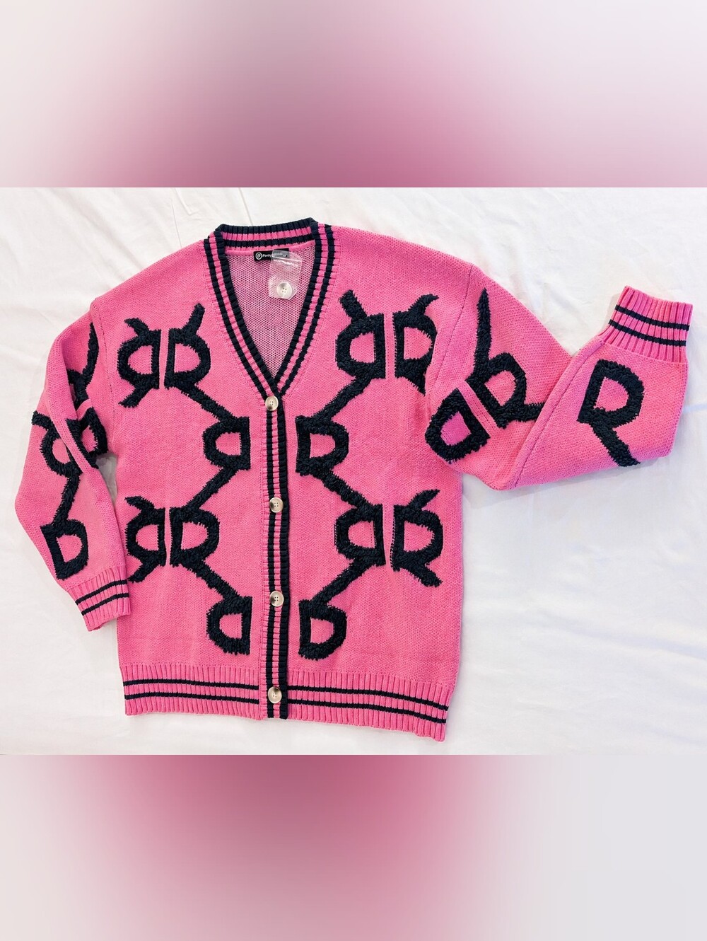 PrettyGarden Pink Dark Green Graphic Knit Cardigan Women’s Button Front Sweater